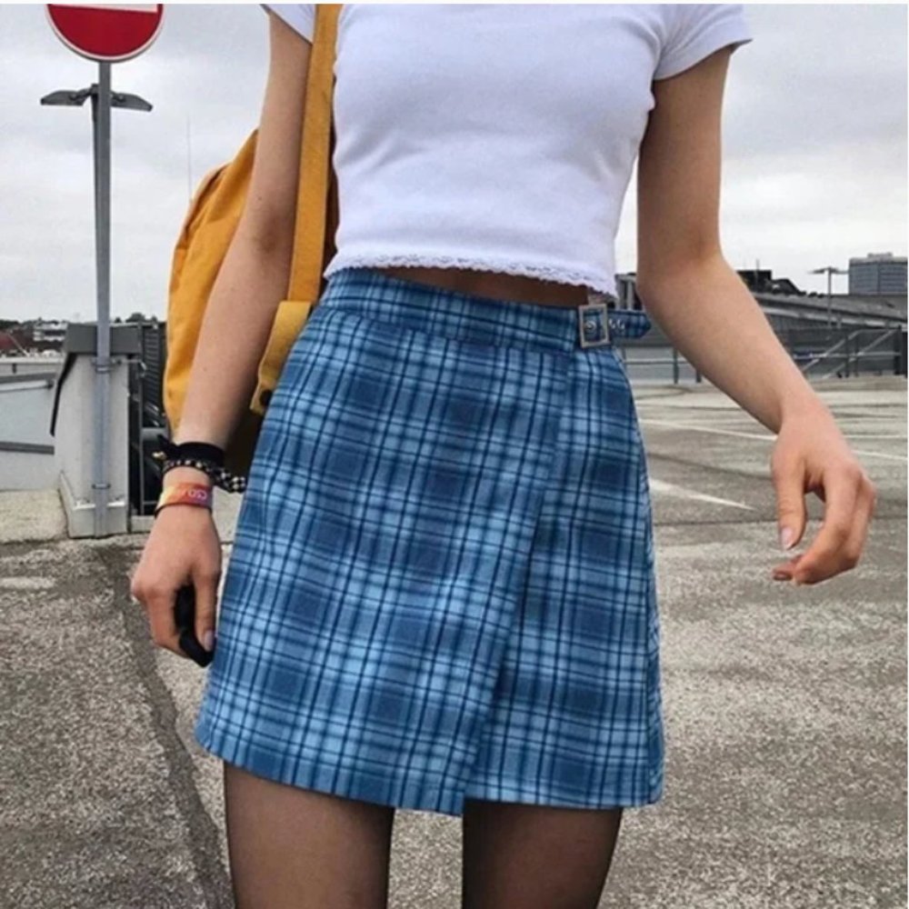 John Galt Brandy Melville Blue Plaid mini skirt with buckle